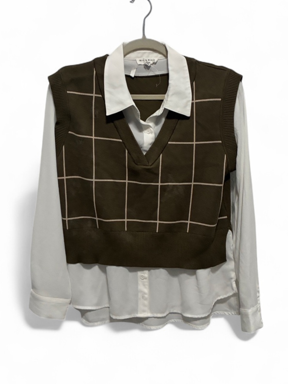 Rio and Rian Green Grid V-Neck Sweater Vest with White Shirt Layer